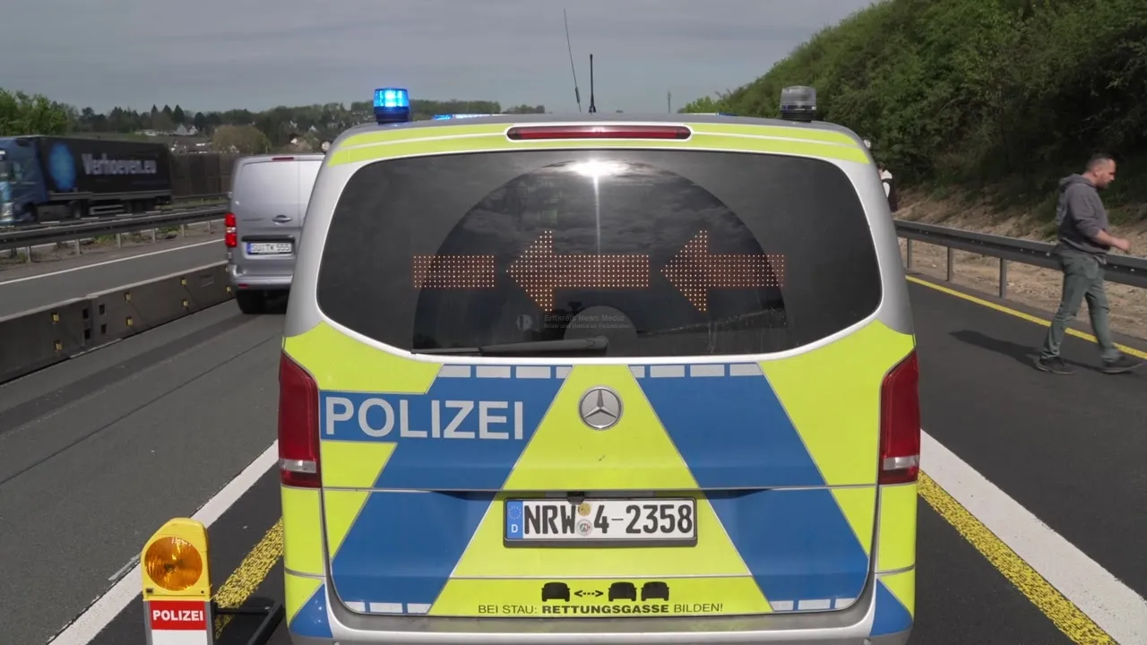 Polizeiwagen auf der A3 nach Verkehrsunfall bei Siegburg