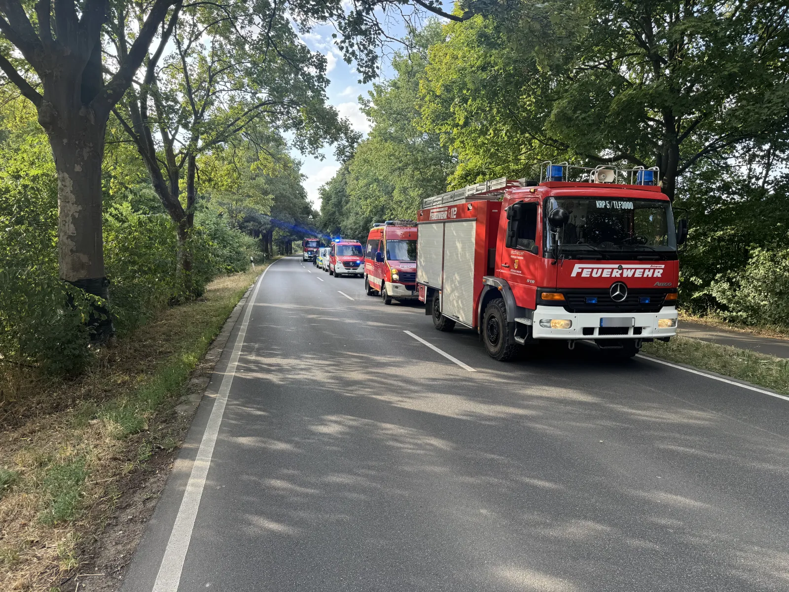 Feuerwehrfahrzeuge auf Waldstraße bei Einsatz