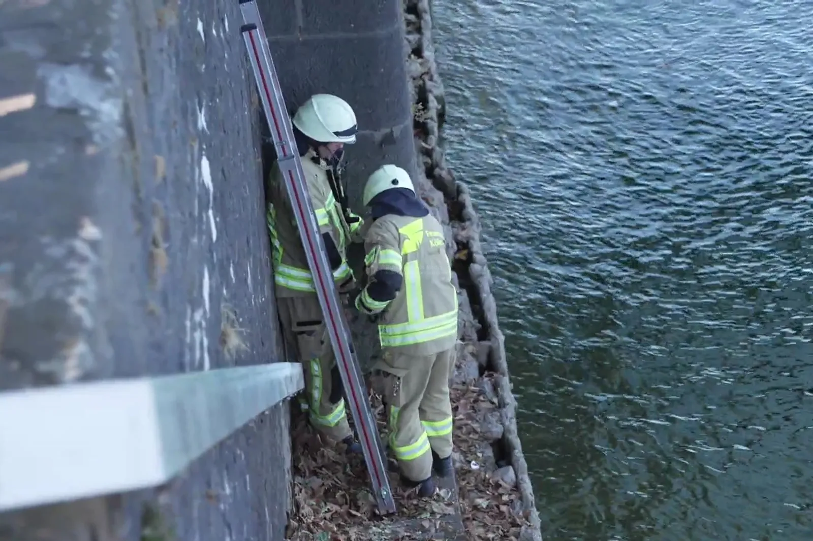 Feuerwehrleute am Rheinufer in Köln bei Einsatz